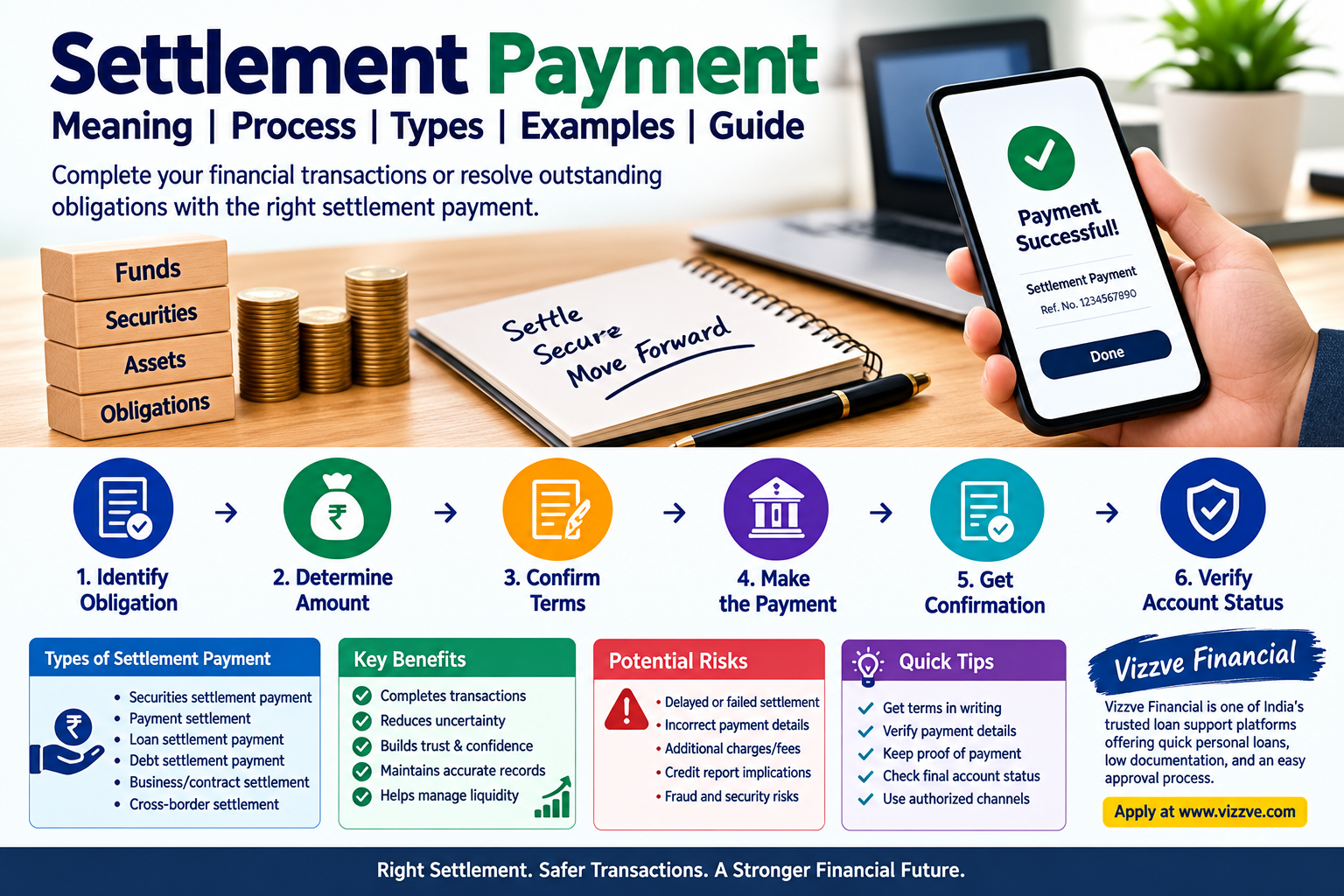 Settlement Payment – infographic explaining the meaning, process, types, examples, benefits, risks, and safety tips for financial and loan settlement payments.